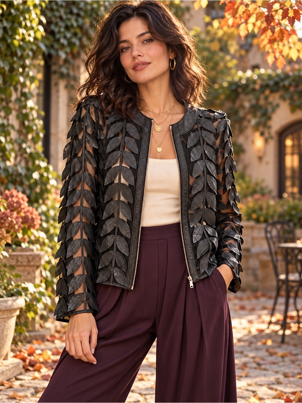 Peck & Peck Collection Leather Leaf Sheer Jacket Size Small